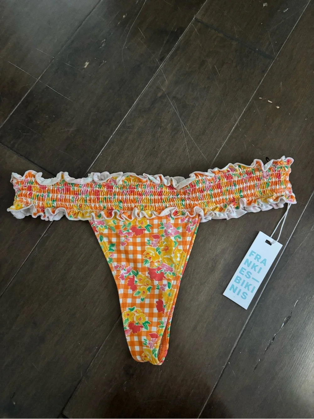 Frankies Bikinis Orange Gingham Floral Ruffle Bikini Bottoms